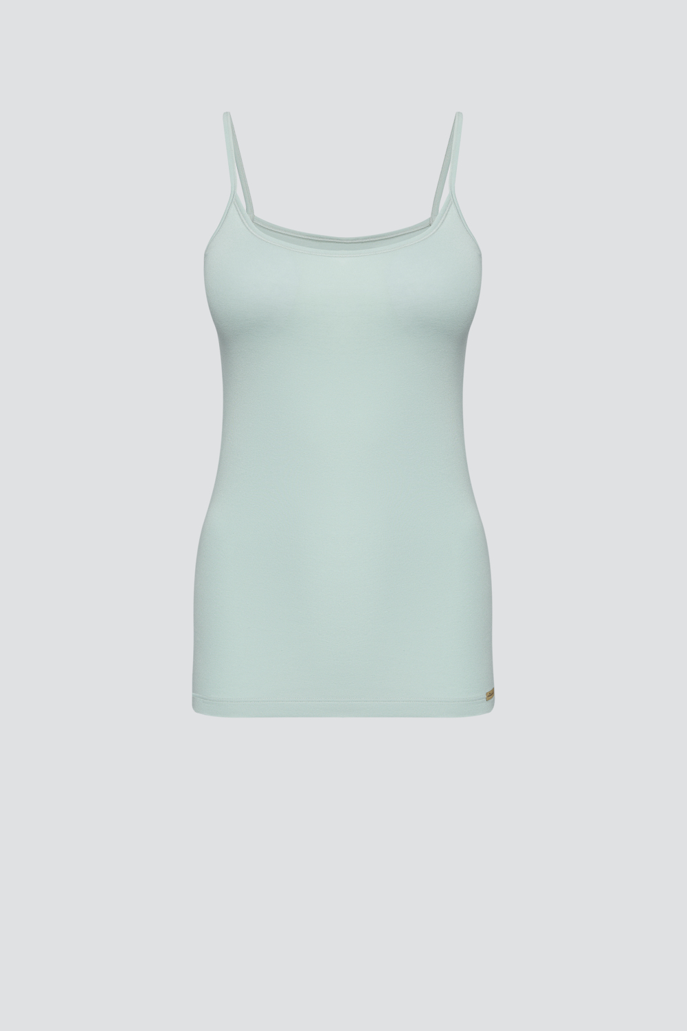 Produktbild Vorderansicht Fairtrade Unterhemd Spaghettiträger von Comazo in der Farbe Salbei