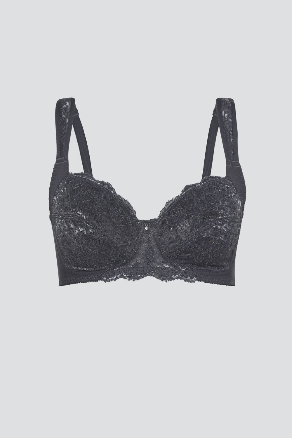 Produktbild Vorderansicht Soft-BH von Comazo in der Farbe Granit mit glänzender Spitze