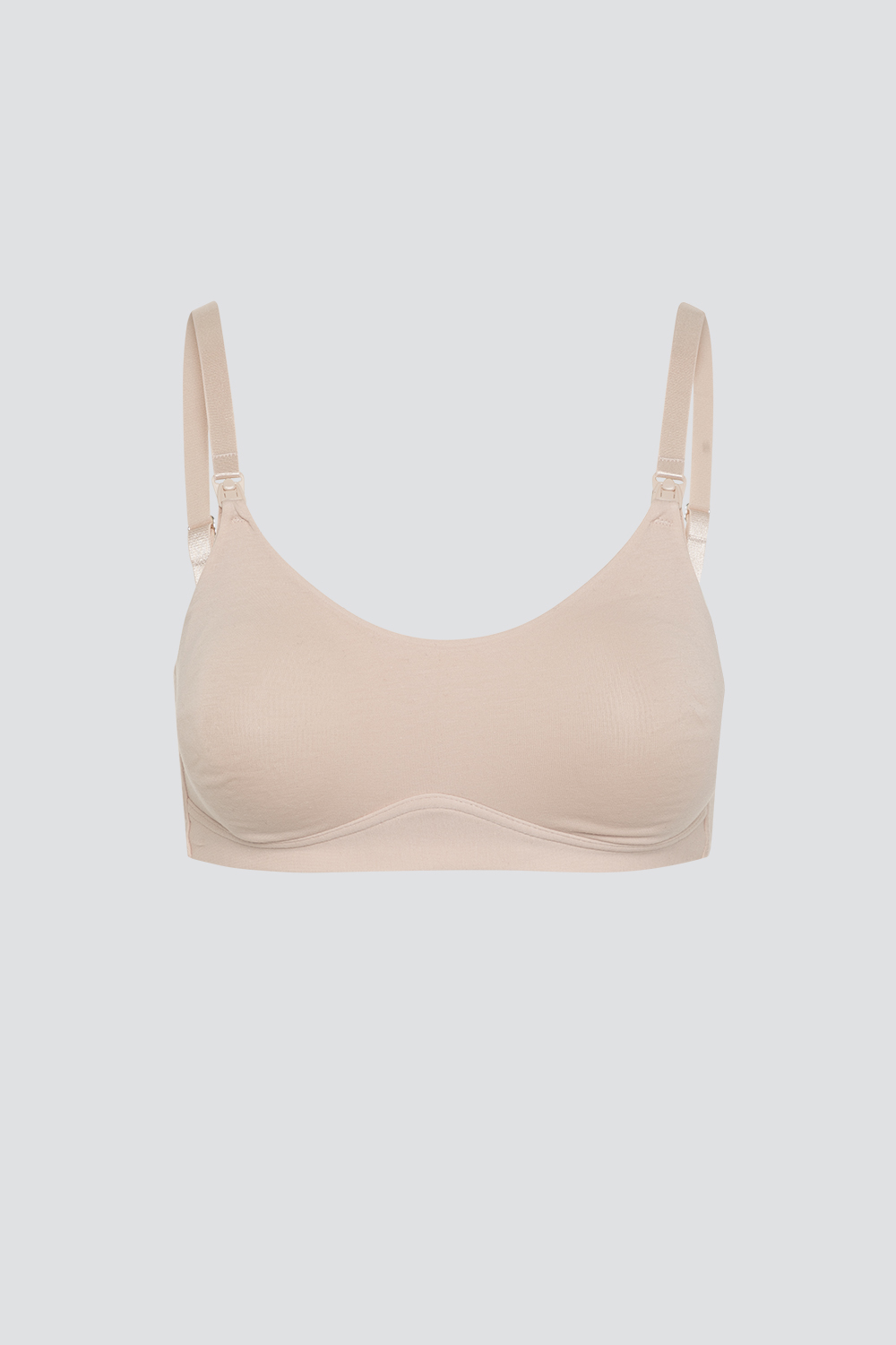 Produktbild Vorderansicht Fairtrade Still-BH von Comazo in der Farbe Almond ohne Bügel,  mit einhändig bedienbarem Klick-Verschluss