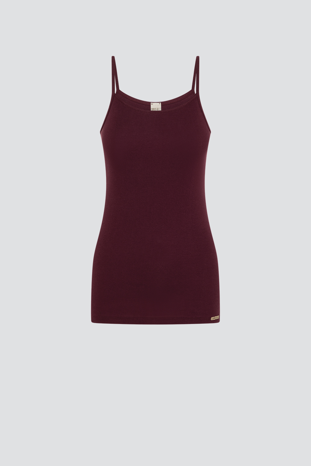 Produktbild Vorderansicht Fairtrade Unterhemd Spaghettiträger von Comazo in der Farbe Burgund aus 100% Baumwolle in Feinripp-Qualität