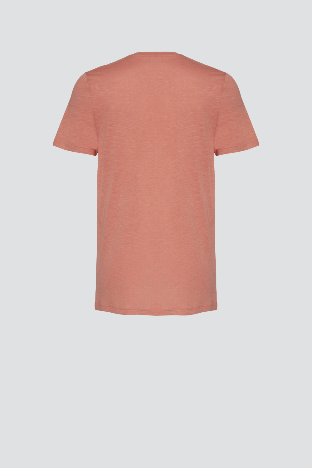 Product image back view Comazo men's short-sleeve shirt made from slub yarn in papaya color.