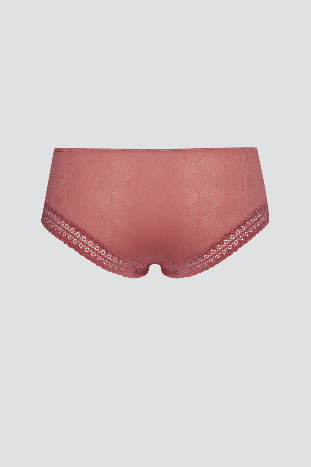 Produktbild Rückansicht Panty von Comazo in der Farbe Marsala mit verführerischen Spitzendetails und grafischem Muster