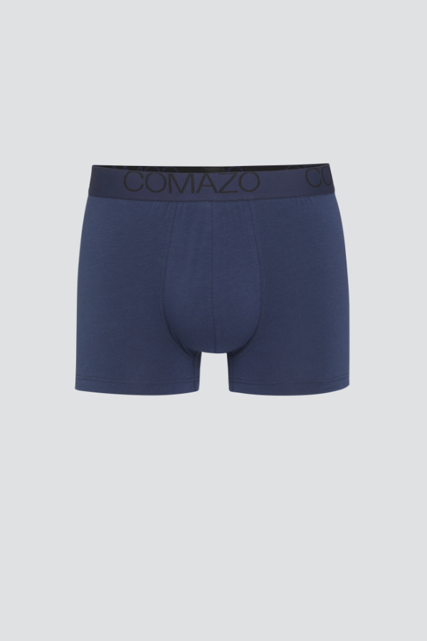 Produktbild Vorderansicht Fairtrade Pants von Comazo in der Farbe Marine mit Webgummi mit Schriftzug