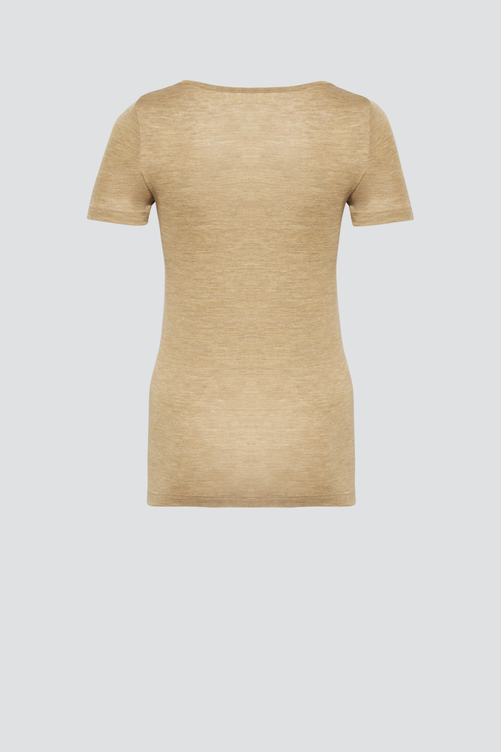 Produktbild Rückansicht Shirt kurzarm aus Wolle-Seide in der Farbe Camel mit V-Ausschnitt mit feiner Spitze