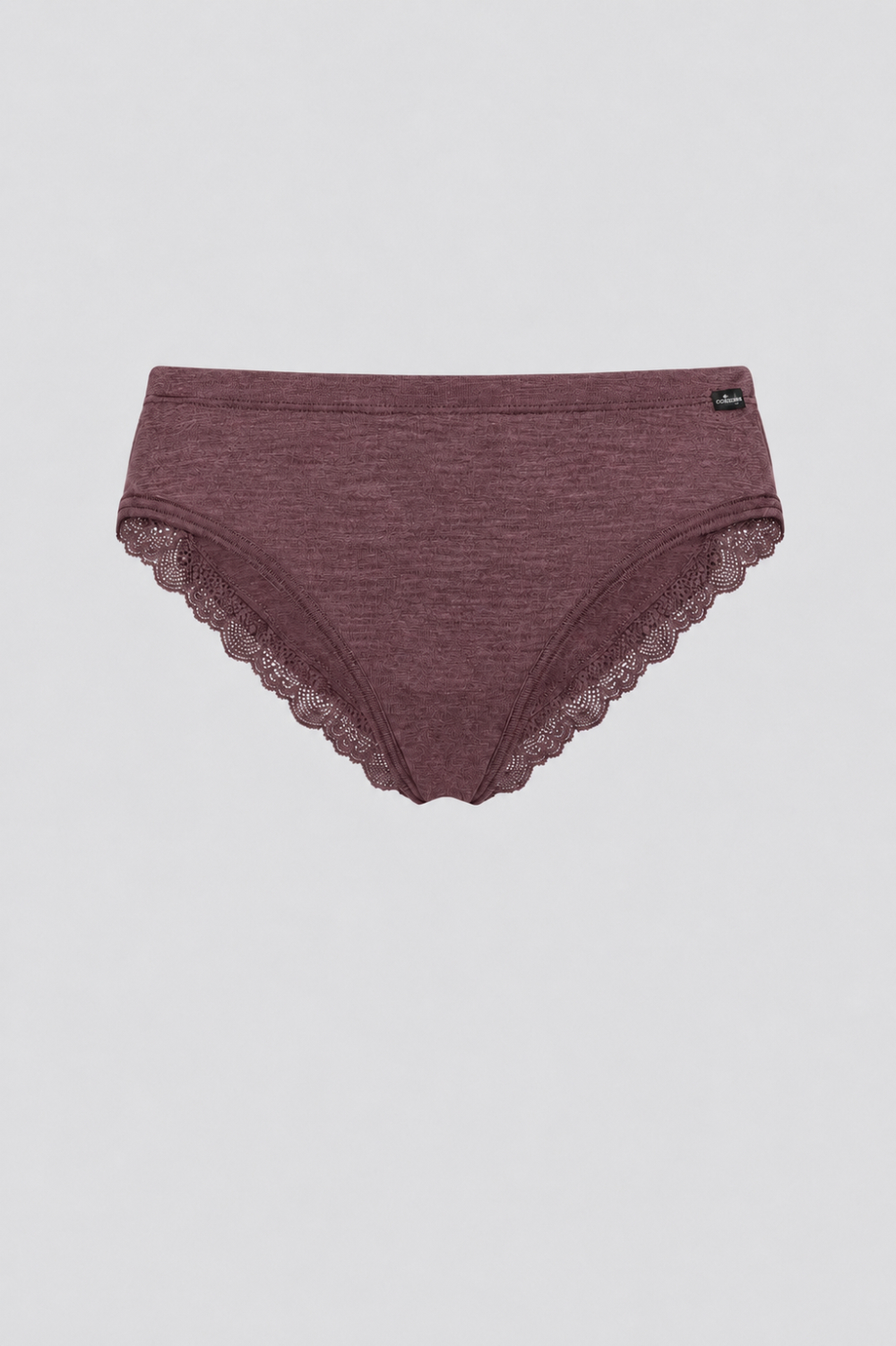 Produktbild Vorderansicht Wolle-Seide Jazz-Pants von Comazo in der Farbe Kastanie mit feiner Spitze an den hinteren Beinabschlüssen, Wolle aus garantiert schonender Schermethode